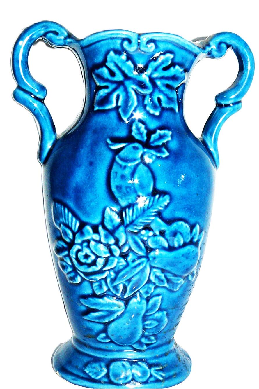 Vtg MCM Japanese Blue Majolica Style Vase Dual Handles Floral Relief  7" SEE